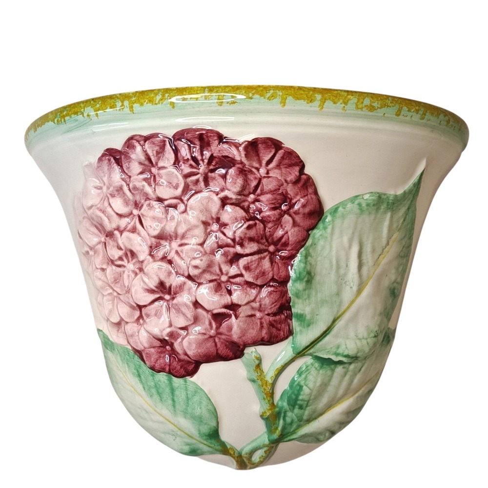 Italian Pottery Wall Sconce Planter Vase Hydrangea Pink White Hand Painted Ceram